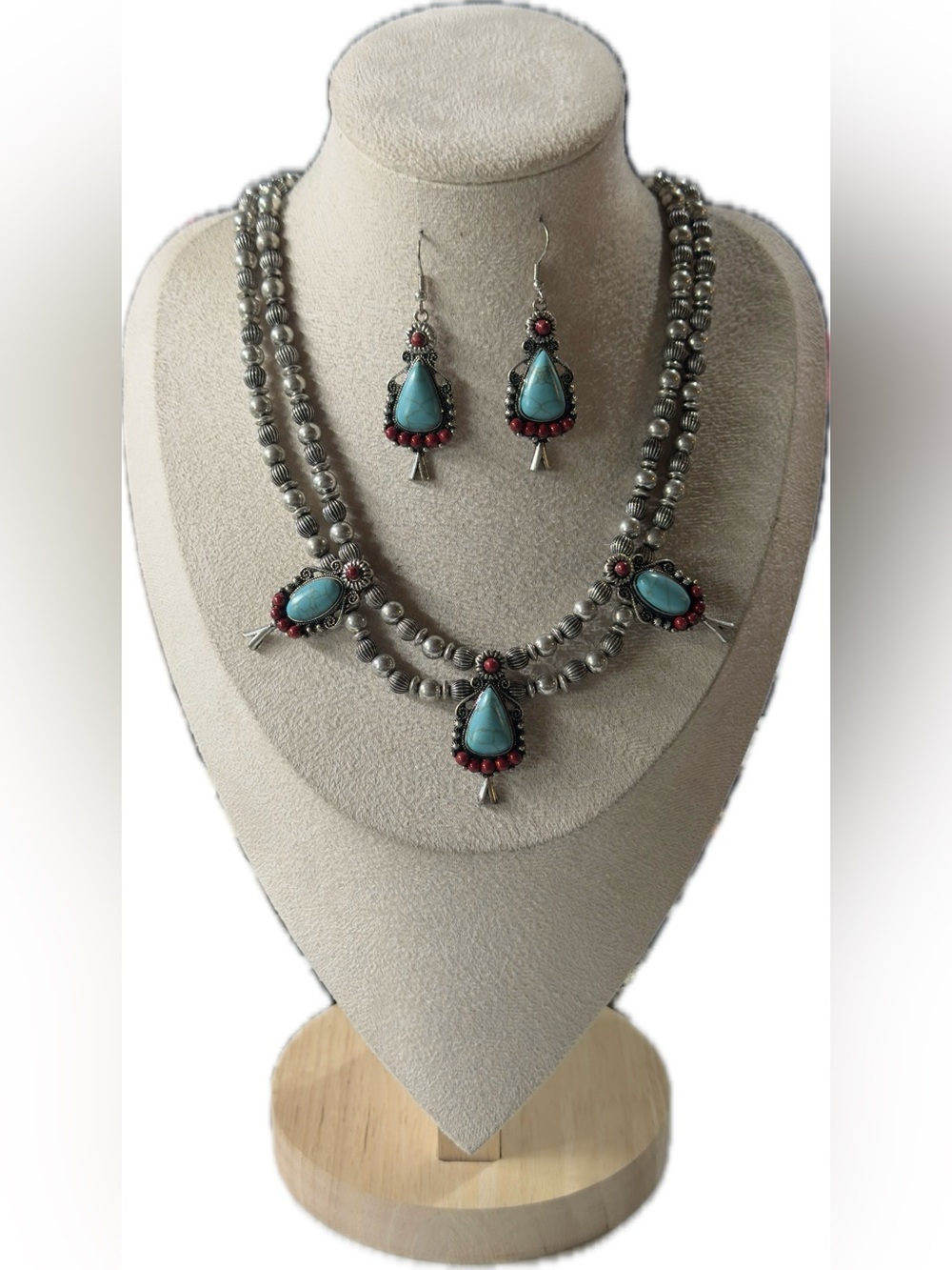 25cm Turquoise Teardrop Double-Strand Necklace & Earring Set - Women Jewelry